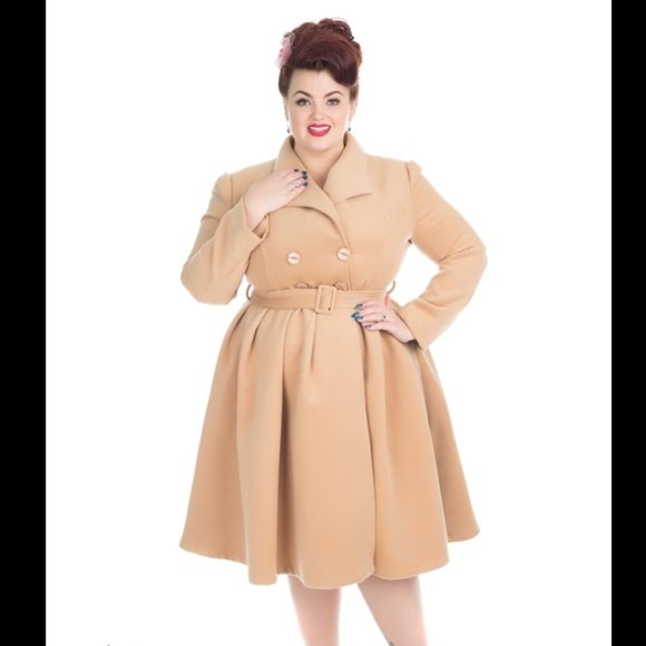 Plus Size Hearts & Roses Vintage Style Camel Fit and Flare Pin Up Coat XXL 20 - Picture 2 of 16